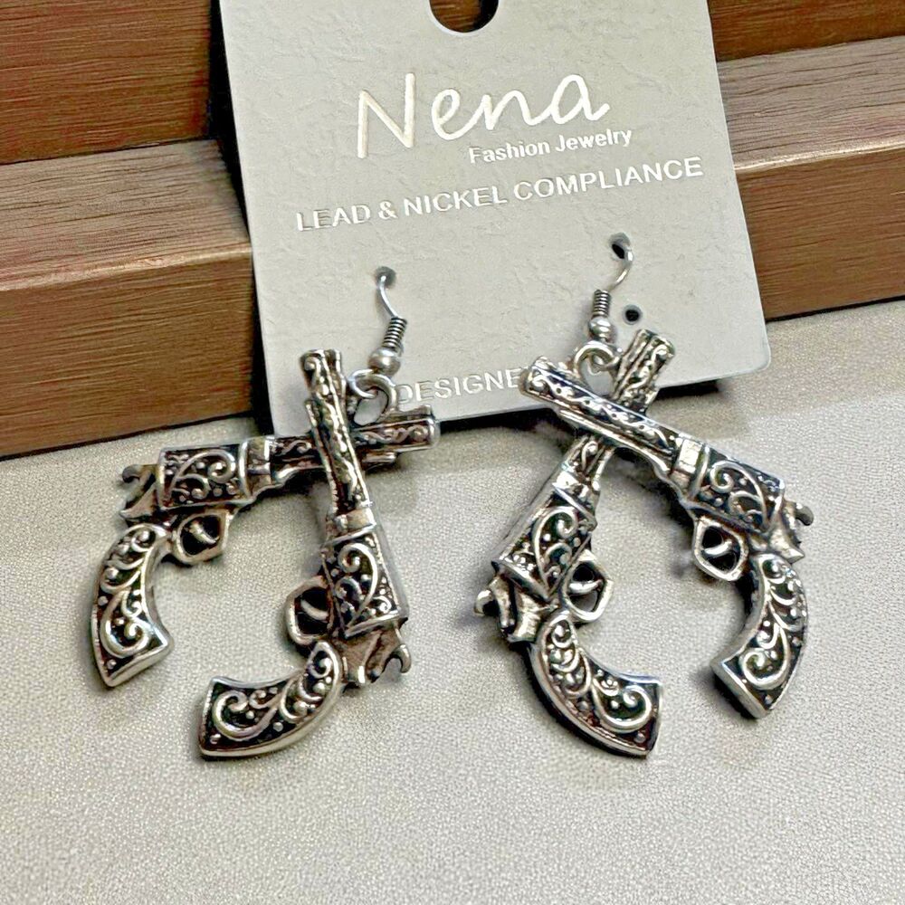 Nena Fashion Jewelry Western Pistol Dangle Earrings – 1.75 Inches, Silvertone
